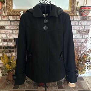 Route 66 Women’s Black Wool Blend Button Up Hooded Peacoat